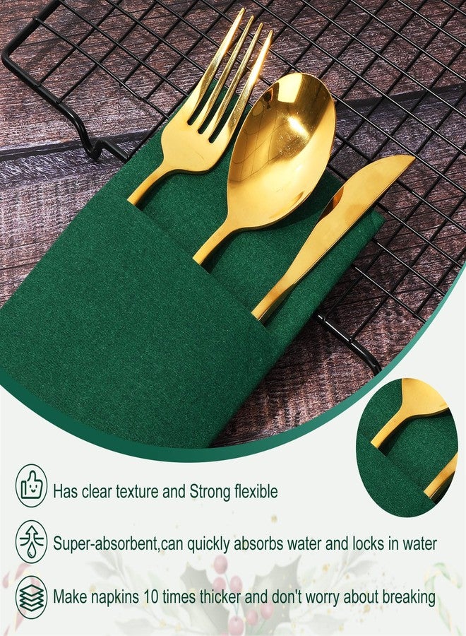 JarThenaAMCS مناديل جارثينا إيه إم سي إس، ٥٠ قطعة، بتصميم شجرة عيد الميلاد، مصنوعة من ورق مقوى ذهبي اللون، للاستخدام مرة واحدة، مصنوعة من ورق مقوى أخضر اللون، مطوية مسبقًا، مع جيب مدمج لأدوات المائدة، مثالية لحفلات الشتاء. - Image 4